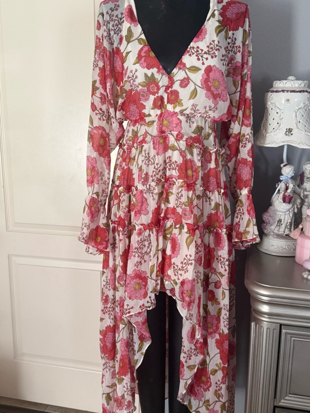 Floral High-Low Tiered Midi Dress in Pink and Green